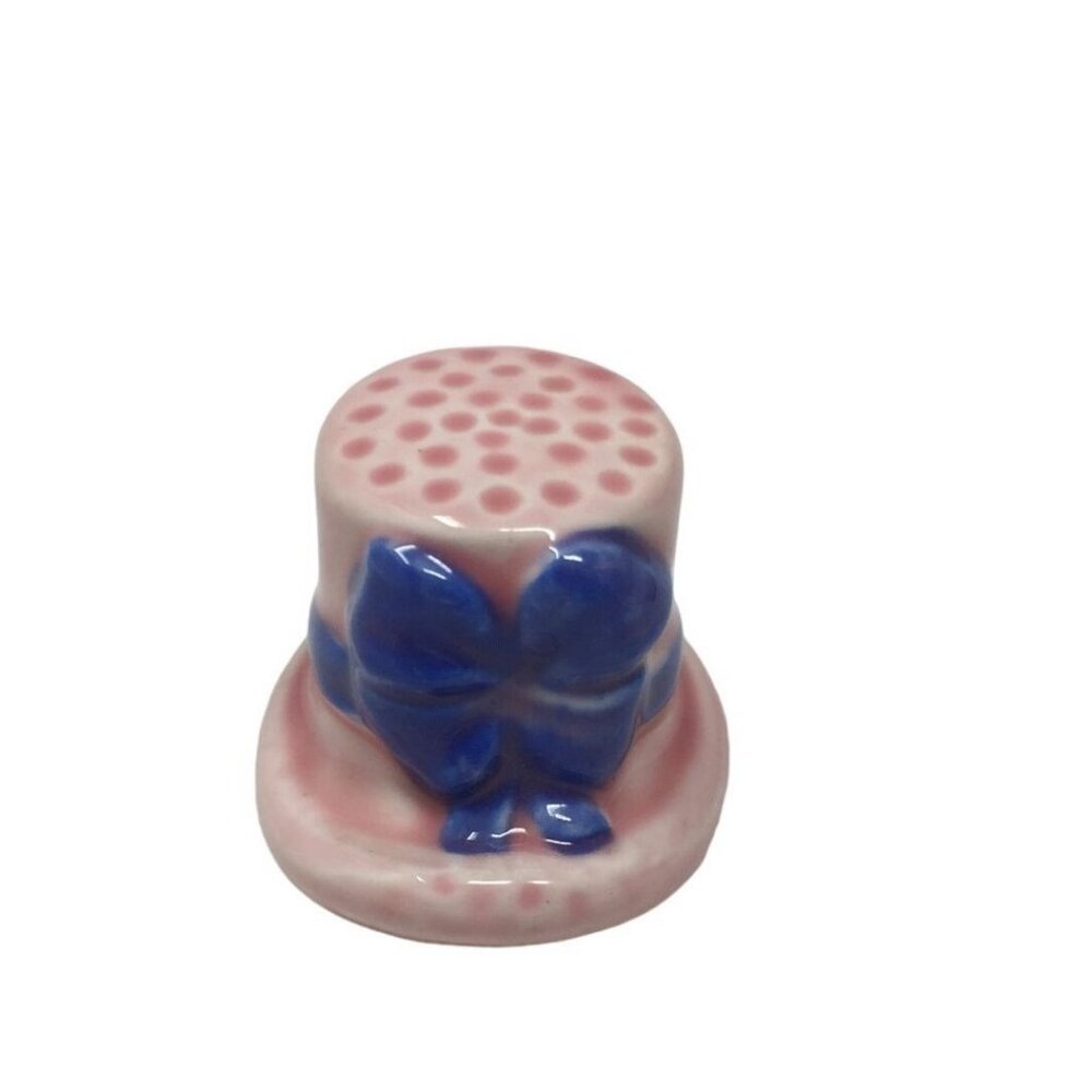 Ceramic Miniature Pink Hat with Purple Bow Sewing Thimble - 1x1.5''